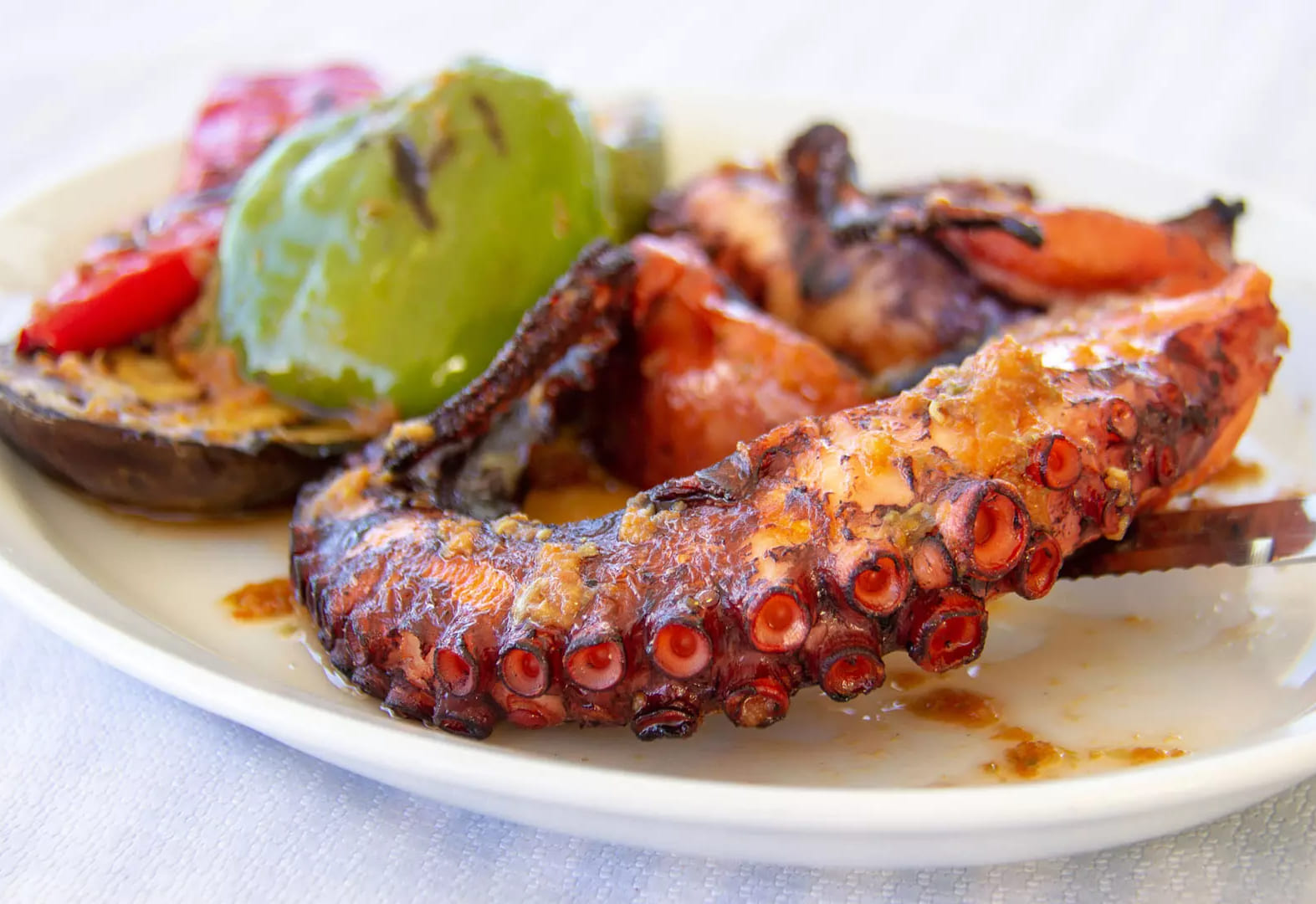 Polvo grelhado servido com legumes assados e azeite, prato típico da culinária grega em Santorini.