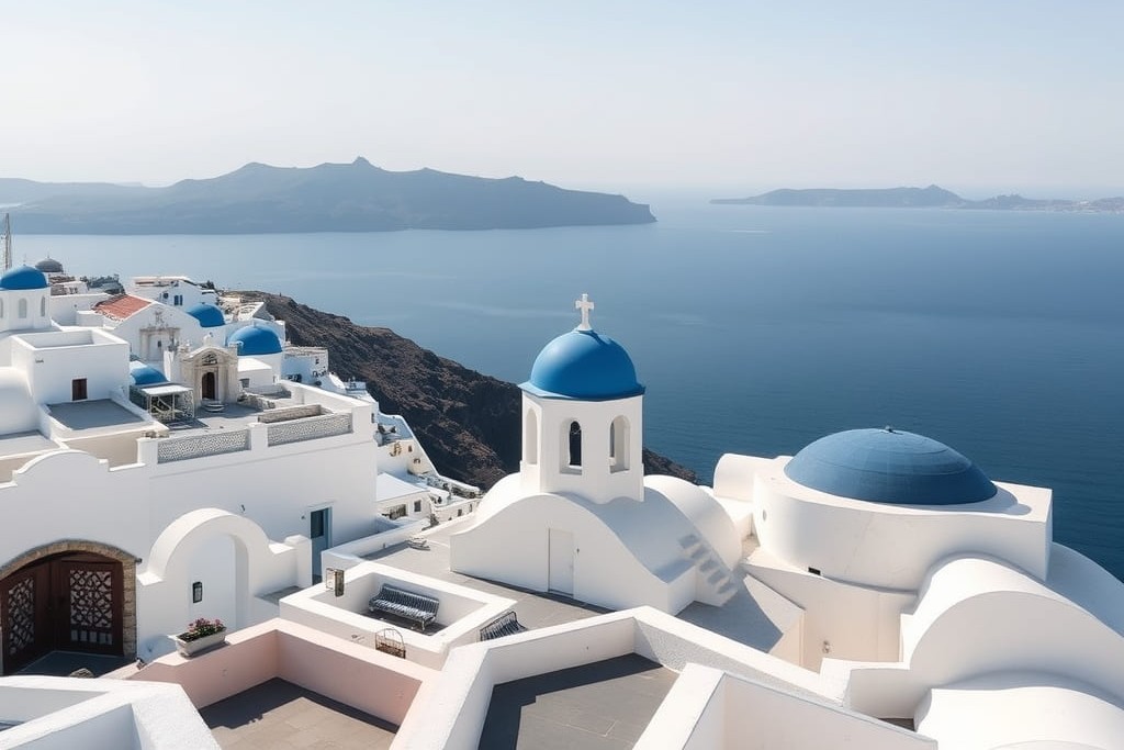 Cúpulas azuis e caldeira em Santorini, Grecia