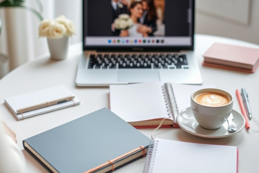 Wedding planner na mesa com um macbook, agenda, cafe, no geral uma foto aesthetic, com itens de casamento na foto